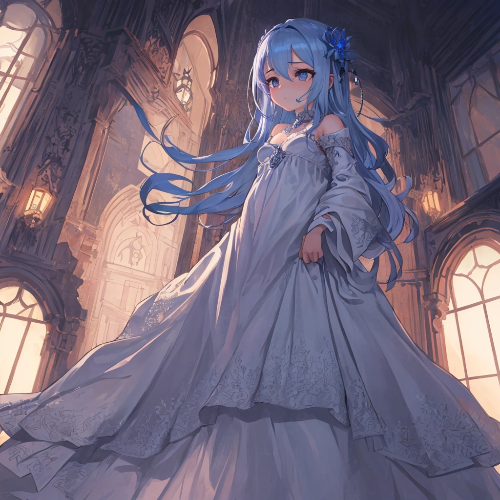 prinz eugen \(warship girls r\),1girl,solo,(8k, masterpiece:1.2),highly detailed,ultra-detailed,masterclass,hair_between_eyes,braid,perfect lighting,medium breasts,hair ornament,(detailed facial features),full body,long_hair,blush,feathers hair ornament,(dark blue wedding dress:1.2) night,windows,indoors,light,indoors,carpet,illustration,cowboy shot,masterpiece,best quality,(MediumBlue evening dress:1.2),blue long hair(delicate hair),red eyes(delicate eyes),