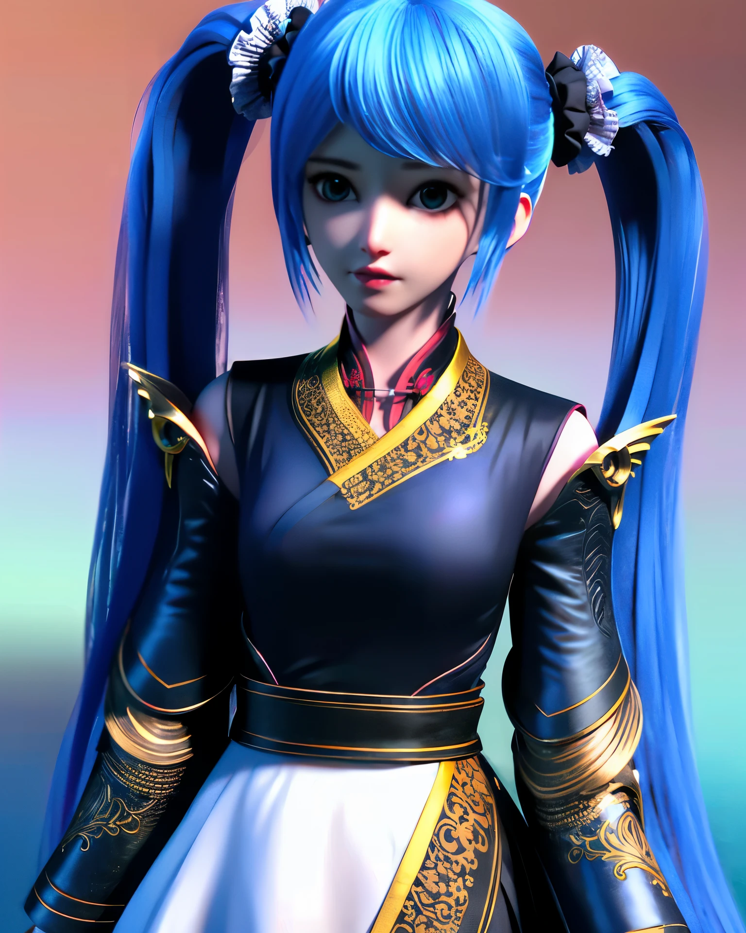 1girl, blue_eyes, blue_hair, gradient, gradient_background, hair_ornament, hatsune_miku, lips, long_hair, long_sleeves, looking_at_viewer, scrunchie, shirt, solo, upper_body, very_long_hair,looking at viewer,