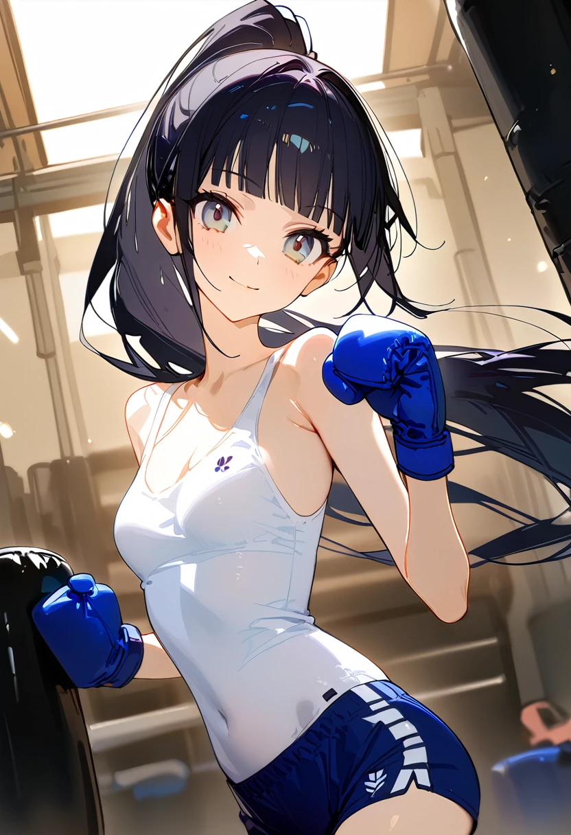 ((masterpiece,best quality anime:1.3,Best Quality)),cowboy shot,portrait,1woman,( adult),(ponytail),long straight hair,blunt bangs,black hair,((very small head:1.3)),gray eyes,gorgeous eyes,smile,small breasts,((very long body:1.3)),(White tank top、Navy blue boxer trunks、boxing blue gloves),slender body,skinny,gleaming skin,standing,boxing gym、