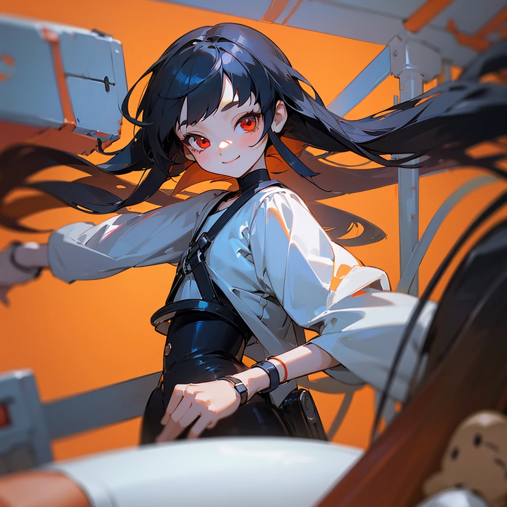 (mechanical girl), (1 girl), black hair, red orange eyes, long hair, thin eyebrows, young, alone, Lolita, childhood, , short, (doll joint), (android), shirt, tiny, baby face, smile, cel anime, Solo, upper body, half body photo