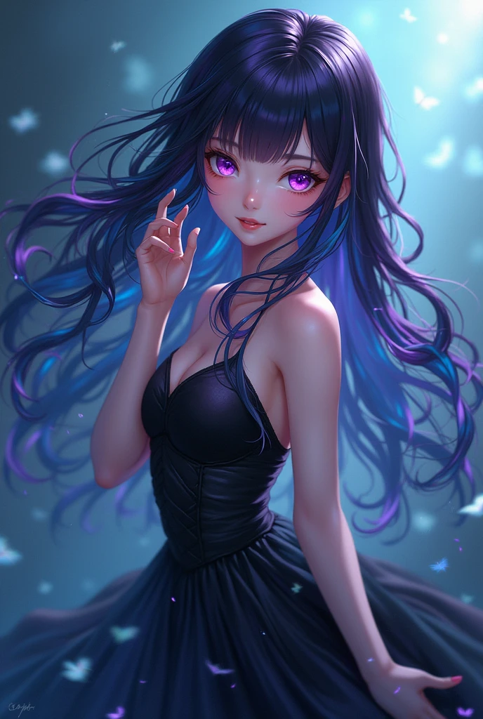 hight resolution, top-quality,  ultra-quality, The ultra-detailliert, lighting like a movie、girl with、Black dress、Thorny bangles、Blue-haired twintails(Purple gradient)、tiny chest、Aimei、Black High Heels、
