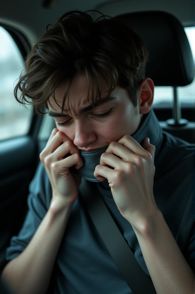 Teen boy wearing blue hoodie and black pants barefoot tied up and gag with duct tape in car with brown shoes beside him while he get kidnapped by kidnapper