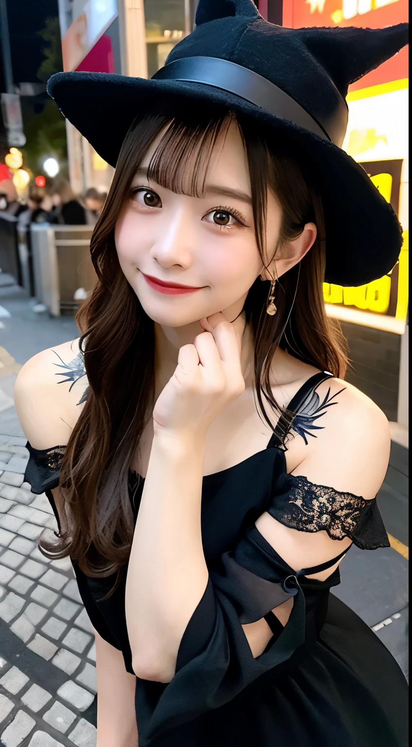 high quality, 最high quality, masterpiece, Very cute、beautifully、detailed, Professional photography, Proper Lighting,
Very beautiful girl, Beautiful Face, Face Tattoos,
Halloween Costumes, Black short dress, Black witch hat, Orange accessories,
smile, Laughter, Blushed, (thin, Pale skin,:0.8)
Very straight medium length hair（Single Blade）,
(Bokeh, Dynamic Angle, city, Running on the road, Midnight, Shibuya Ward,:0.8)