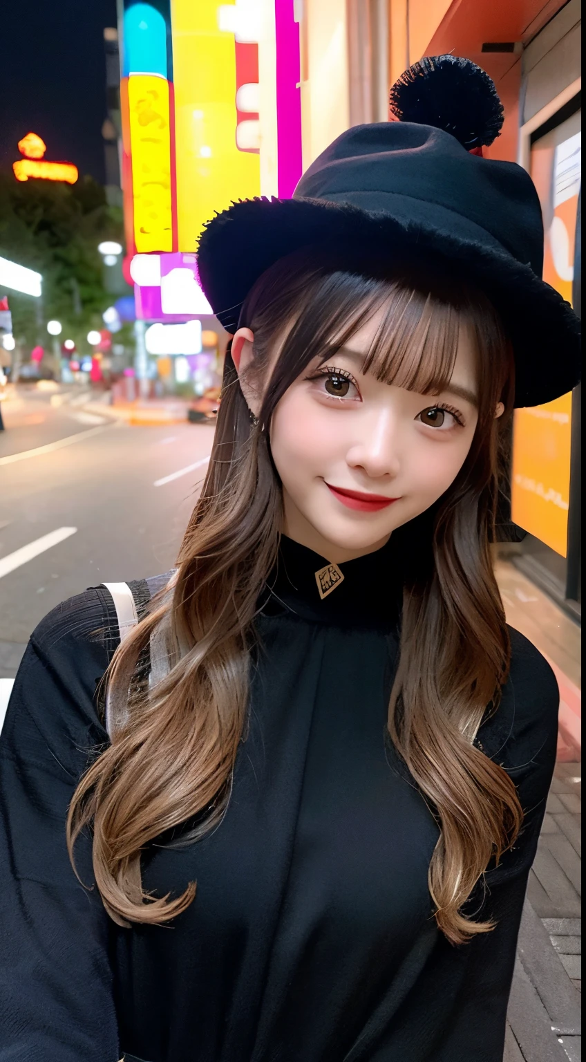 high quality, 最high quality, masterpiece, Very cute、beautifully、detailed, Professional photography, Proper Lighting,
Very beautiful girl, Beautiful Face, Face Tattoos,
Halloween Costumes, Black short dress, Black witch hat, Orange accessories,
smile, Laughter, Blushed, (thin, Pale skin,:0.8)
Very straight medium length hair（Single Blade）,
(Bokeh, Dynamic Angle, city, Running on the road, Midnight, Shibuya Ward,:0.8)