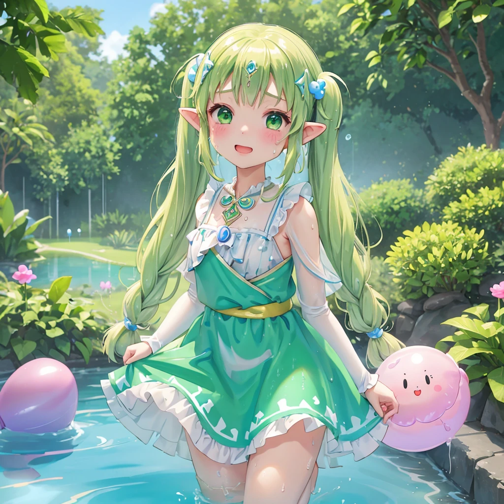 Princess Zelda、、Girl、garden、Slime、Swimwear、Polka dots、Twin tails、green姦、sweat、Get wet、Drip、Rubber balloon、green

