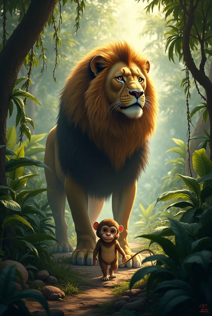 a lion and monkey in jungle