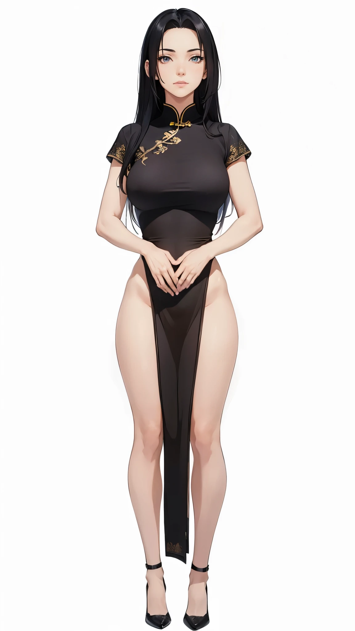 ((1girl, solo)), mikoto uchiha, large breasts, beautiful body, (perfect anatomy, perfect body, perfect hands, perfect legs), nice hands, (five fingers:1.5), natural proportions, sexy body, standing, own hands together BREAK
((extremely detailed face)), black eyes, (beautiful detailed eyes:1.6), (realistic pupils, realistic iris:1), expressive eyes, looking at viewer, (clear eyes:1.3), (hyperrealistic:1.2), (detailed skin texture:1.2), smooth skin, (black hair:1.5), parted bangs, sidelocks, long hair, (detailed lips:1.2), (attractive lips:1.1), (glossy lips:1.1), ((smile)), perfect face, perfect eyes BREAK
china dress, black dress, chinese clothes, cheongsam, side slits cheongsam, short sleeves, thighs, no panties, groin, black footwear, high heels BREAK
(masterpiece:1.5), anime-style, top quality, best quality, (beautiful and aesthetic:1.2), (ultra detail:1.5), Ultra-detailed depiction, Ultra-precise depiction, extremely detailed 8k illustration, high resolution, (highly detailed shading:1.2), (realistic lighting:1.4), perfect lighting, vibrant colors, dynamic tones, striking hues, 8k, absurd resolution, perfect shadows, hdr, UHD, ambient lighting, realistic, ultra-realistic, photo realistic, highly detailed, rich detail, luminous colors, fine texture, intricate design, professional illustration, (soft light:1.2), (illustration:0.7)