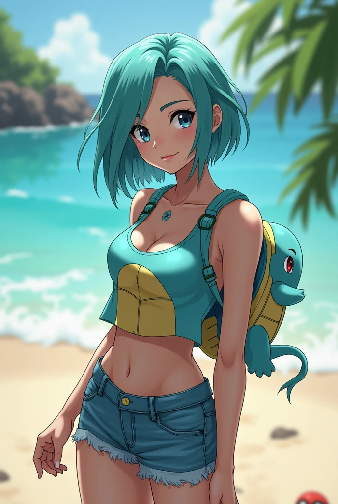 Bulma from Dragon Ball, with short shorts, without a shirt, with normal breasts, with her normal ass, with a model pose, on the beach, with good curves