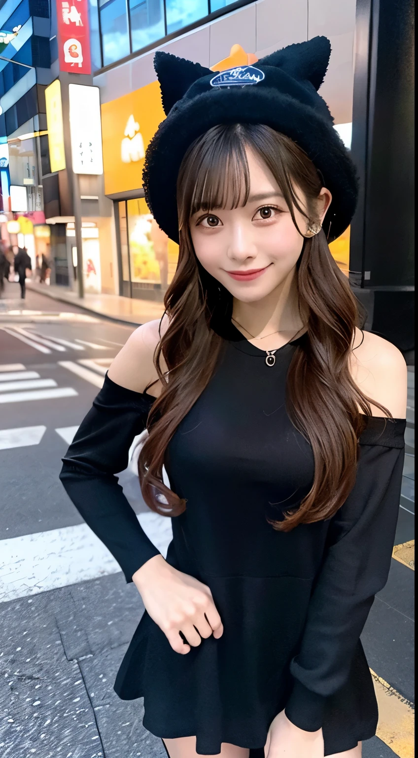 high quality, 最high quality, masterpiece, Very cute、beautifully、detailed, Professional photography, Proper Lighting,
Very beautiful girl, Beautiful Face, Face Tattoos,
Halloween Costumes, Black short dress, Black witch hat, Orange accessories,
smile, Laughter, Blushed, (thin, Pale skin,:0.8)
Very straight medium length hair（Single Blade）,
(Bokeh, Dynamic Angle, city, Running on the road, Midnight, Shibuya Ward,:0.8)