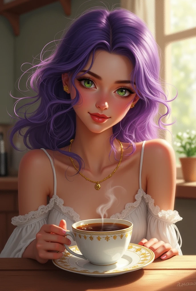 Young woman, Nineteen years old, Long purple braided hair, Beautiful face, Wearing a purple western dress, Medium sized breasts, Thin waist, Her butt is average., Sit and sip tea, Realistic style v3.0