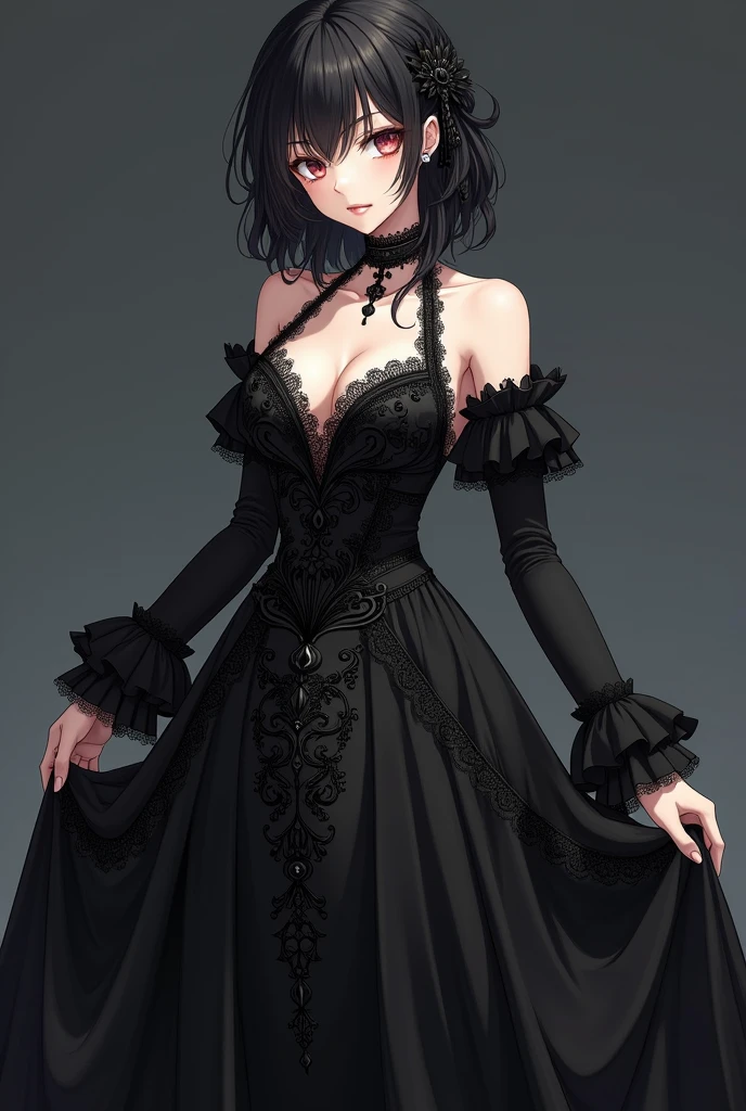 Detailed and colorful sketch, estilo contorno realista, desenho de corpo inteiro, Eliza de Tekken, yellow eyes iris like a snake, short black gothic style hair with long bangs to the shoulders, bangs on the forehead and a short haircut at the back exposing the back of the neck, wearing elegant gothic dress