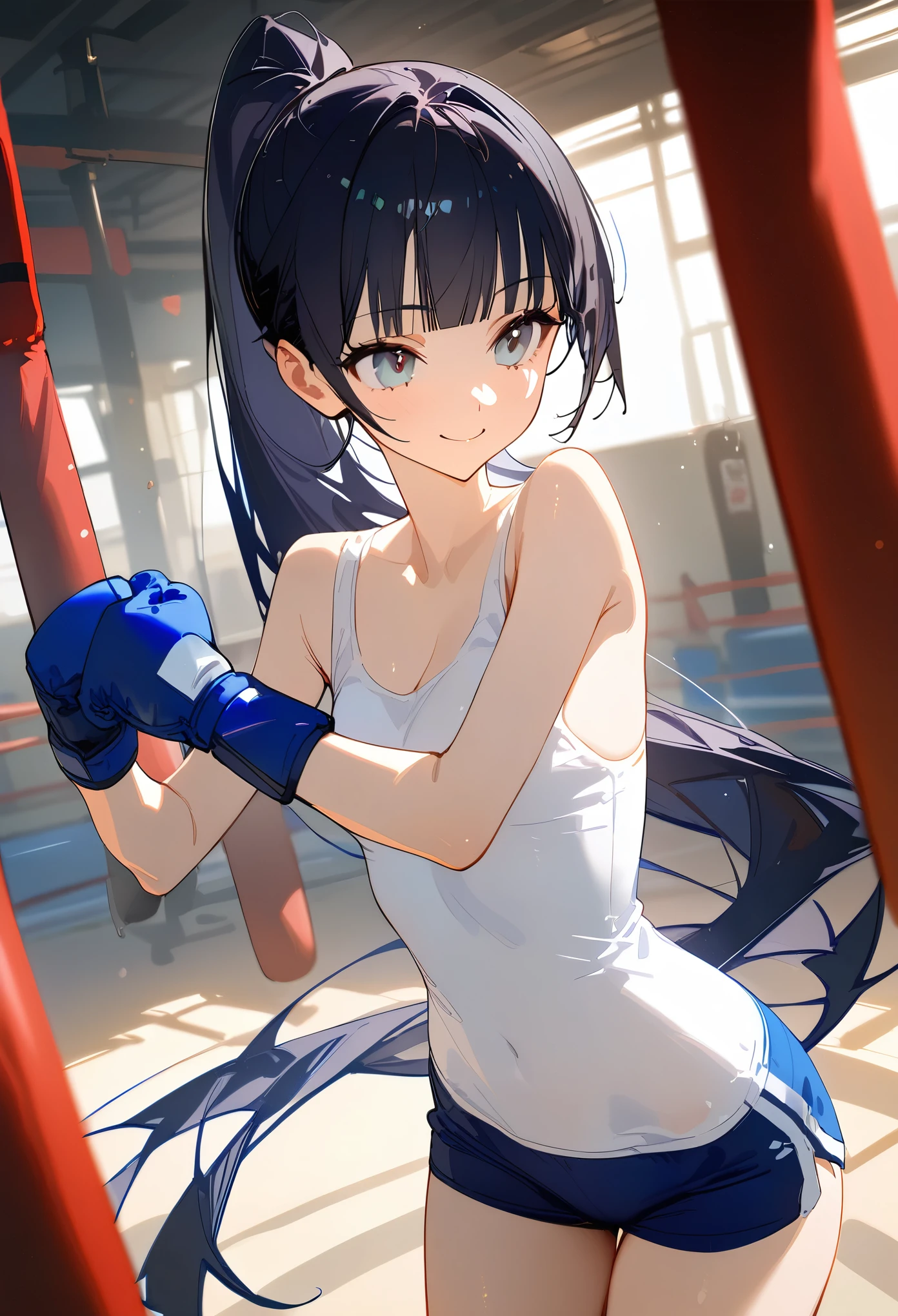 ((masterpiece,best quality anime:1.3,Best Quality)),cowboy shot,portrait,1woman,( adult),(ponytail),long straight hair,blunt bangs,black hair,((very small head:1.3)),gray eyes,gorgeous eyes,smile,small breasts,((very long body:1.3)),(White tank top、Navy blue boxer trunks、boxing blue gloves),slender body,skinny,gleaming skin,standing,boxing gym、