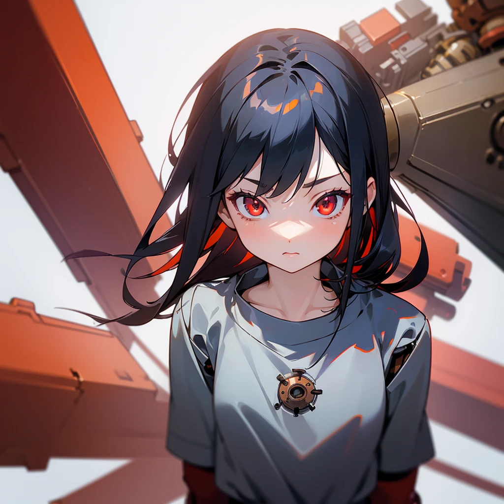 (mechanical girl), (1 girl), black hair, red orange eyes, long hair, thin eyebrows, young, alone, ****ta, childhood, short, (mechanical joint), (android), shirt, tiny, baby face, cel anime, Solo, upper body, half body photo