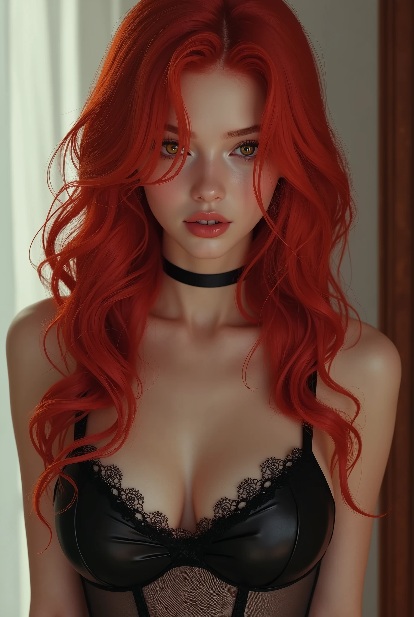 a beautiful girl with big boobs,copper red hair,wearing black sexy lingerie,detailed facial features,high-quality portrait,hyper detailed,intricate,photorealistic,award winning art,dramatic lighting,warm color tones,depth of field,cinematic,dramatic,intricate,elegant