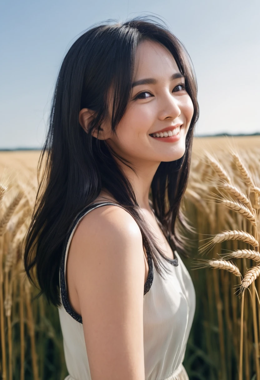 a woman, light black hair, medium length to the shoulder, smile, in a field of wheat,