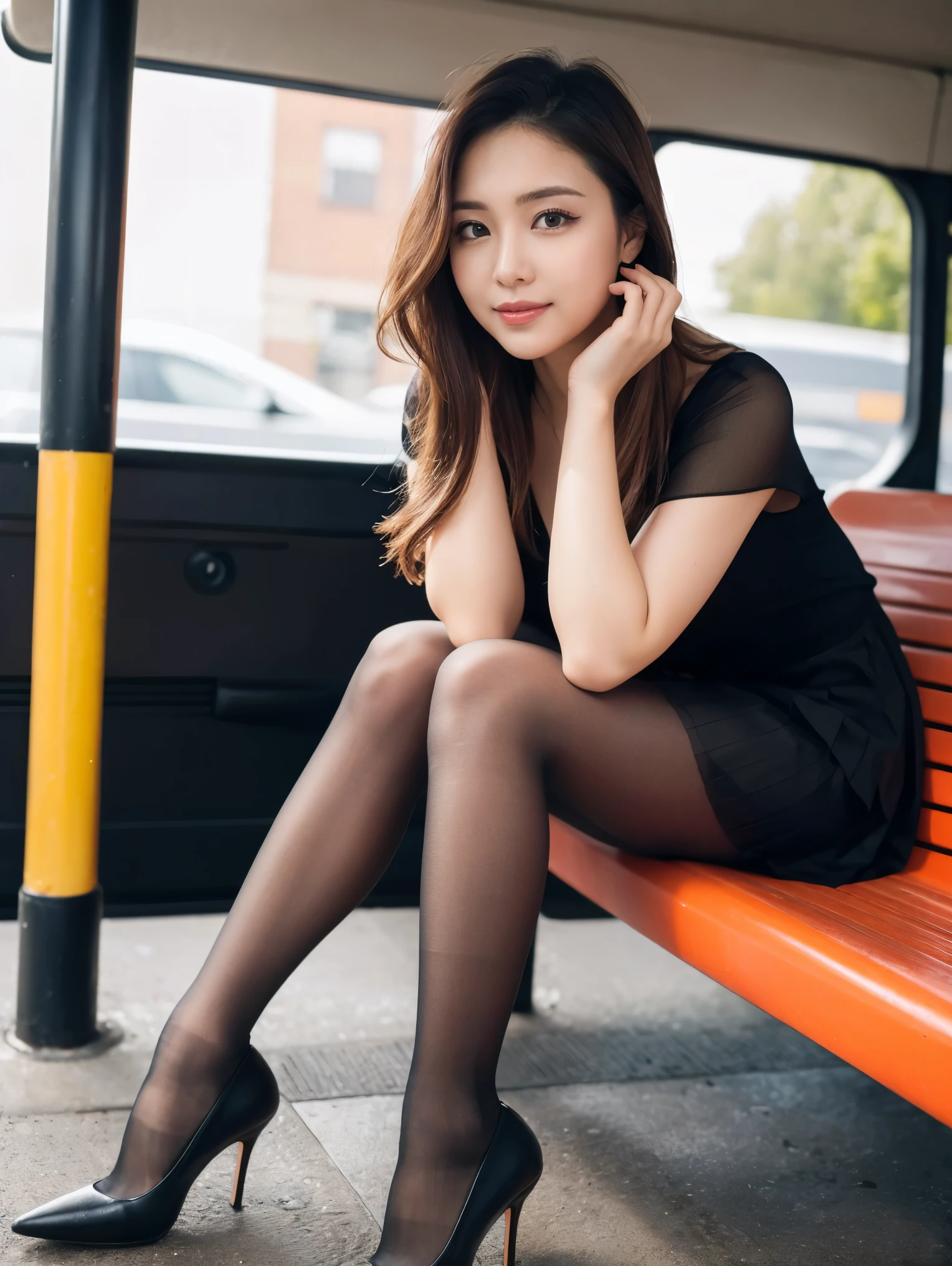 Araffe asian woman in black dress sitting on a bench - SeaArt AI