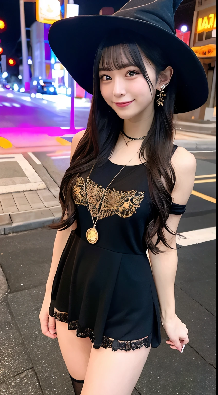 high quality, 最high quality, masterpiece, Very cute、beautifully、detailed, Professional photography, Proper Lighting,
Very beautiful girl, Beautiful Face, Face Tattoos,
Halloween Costumes, Black short dress, Black witch hat, Orange accessories,
smile, Laughter, Blushed, (thin, Pale skin,:0.8)
Very straight medium length hair（Single Blade）,
(Bokeh, Dynamic Angle, city, Running on the road, Midnight, Shibuya Ward,:0.8)