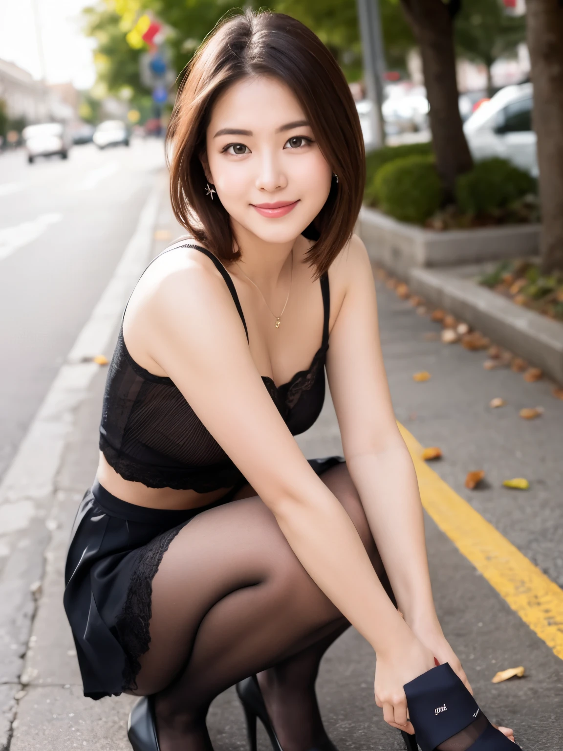(((masterpiece))), (((Highest quality: 1.4))), ((Very detailed: 1.4)) , ulzzang-6500-v1.1, (RAW Photos:1.2), (Photorealistic), (Genuine:1.4), Sharp focus、Elegant woman sitting cross-legged in a busy street late at night, Korean female fashion model, (Ultra-realistic glossy black pantyhose:1.3)、Very beautiful legs, Cute and elegant pose, Tank top、Shorts、Korean Girls, Graceful smile pose, Very seductive pose, Sexy pose, 全身Cute young woman, Gorgeous Young Korean Woman, Japanese Girls , Photo of slim girl model, Cute young woman、Realistic skin texture、Shiny skin、Bare thighs!!!、