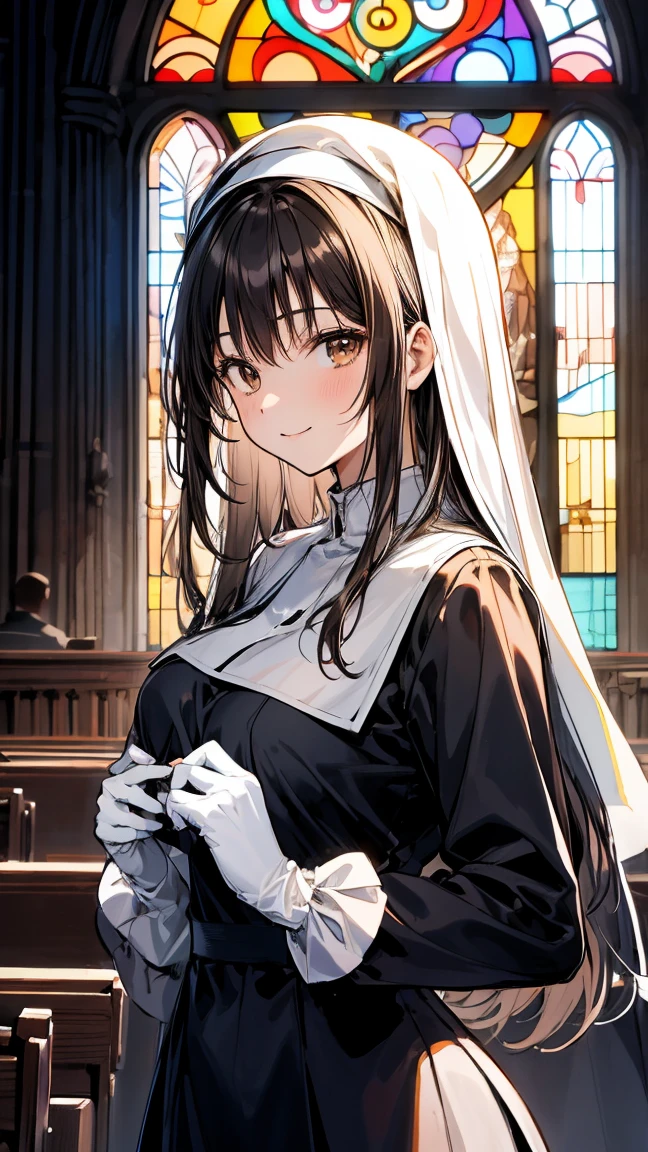 score_9, score_8_up, score_7_up, score_6_up, backlighting, light rays, 1girl, adult woman, best perfect anatomy, medium breast, thin, curve body, nun, white glove, long hair, black hair, messy hair, deep brown eyes, Pretty Face, expressionless, calm, smile, looking at viewer, (background : stained glass, church, arch), cowboy shot, Shooting up close, Shooting from the person, Shooting from the side,