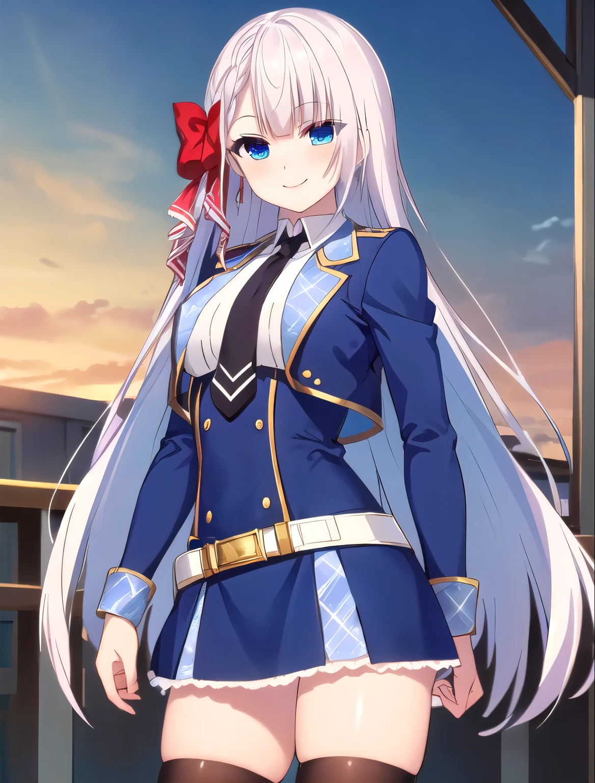 (Best Quality), (masterpiece), (High resolution), (detailed), (Digital Art), (Riselia Ray Crystalia), Red hair ribbon, Gray Hair, Bangs, blue eyes, (slim body), Student Uniform, Open jacket, white belt, Black knee socks, tie, smile, standing, cowboy shot, outdoors