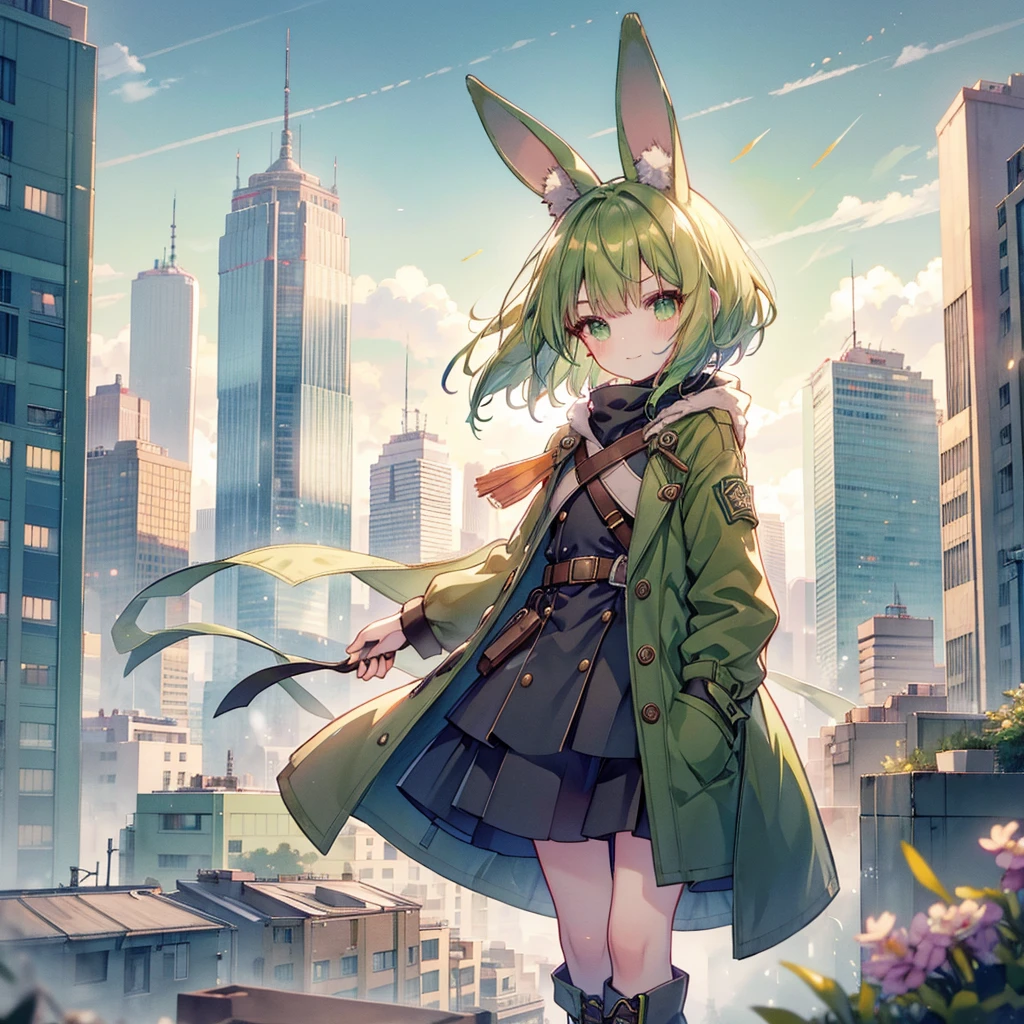 (long Green rabbit ears), green animal ears, (1 girl), green hair, green eyes, bob cut, thin eyebrows, smiling, young, alone, ****ta, childhood, child, short, overall, coat, long boots, red hood, wide pants, harness, fingerless globe, belt, waist pouch, in the city, tiny, baby face, pastel academia, cel anime, 