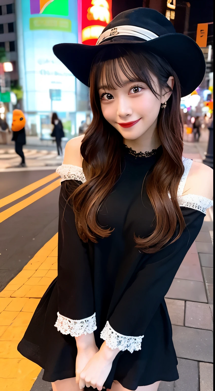 high quality, 最high quality, masterpiece, Very cute、beautifully、detailed, Professional photography, Proper Lighting,
Very beautiful girl, Beautiful Face, Face Tattoos,
Halloween Costumes, Black short dress, Black witch hat, Orange accessories,
smile, Laughter, Blushed, (thin, Pale skin,:0.8)
Very straight medium length hair（Single Blade）,
(Bokeh, Dynamic Angle, city, Running on the road, Midnight, Shibuya Ward,:0.8)