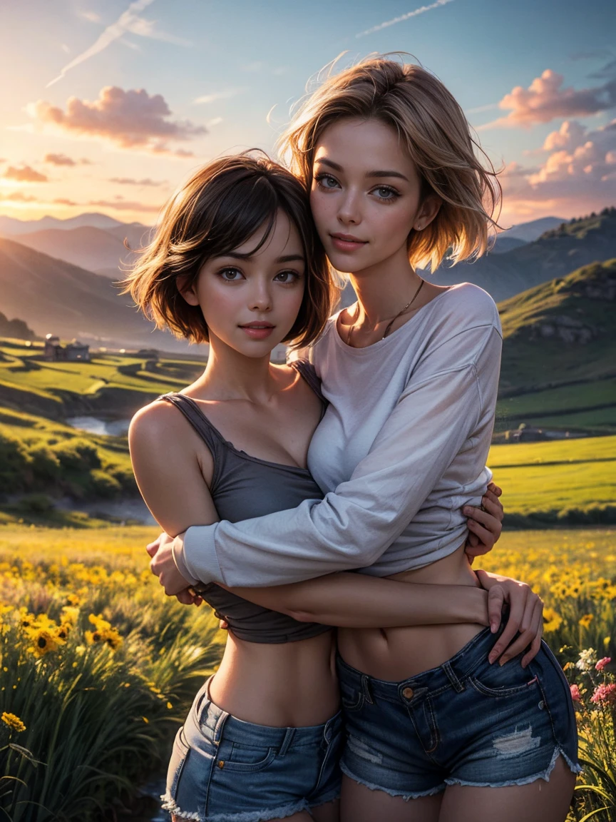 masterpiece, photorealistic:1.4, beautiful  woman,2girls,, happy, smile,  standing,   blond_hair, short_hair, soft cinematic light, extremely detailed artgerm, photorealistic perfect body,detailed skin,beautiful valley, fields, flowers, sky, clouds, mountains, stream, sunset,  hug from behind, crop_top sweater, shorts, 