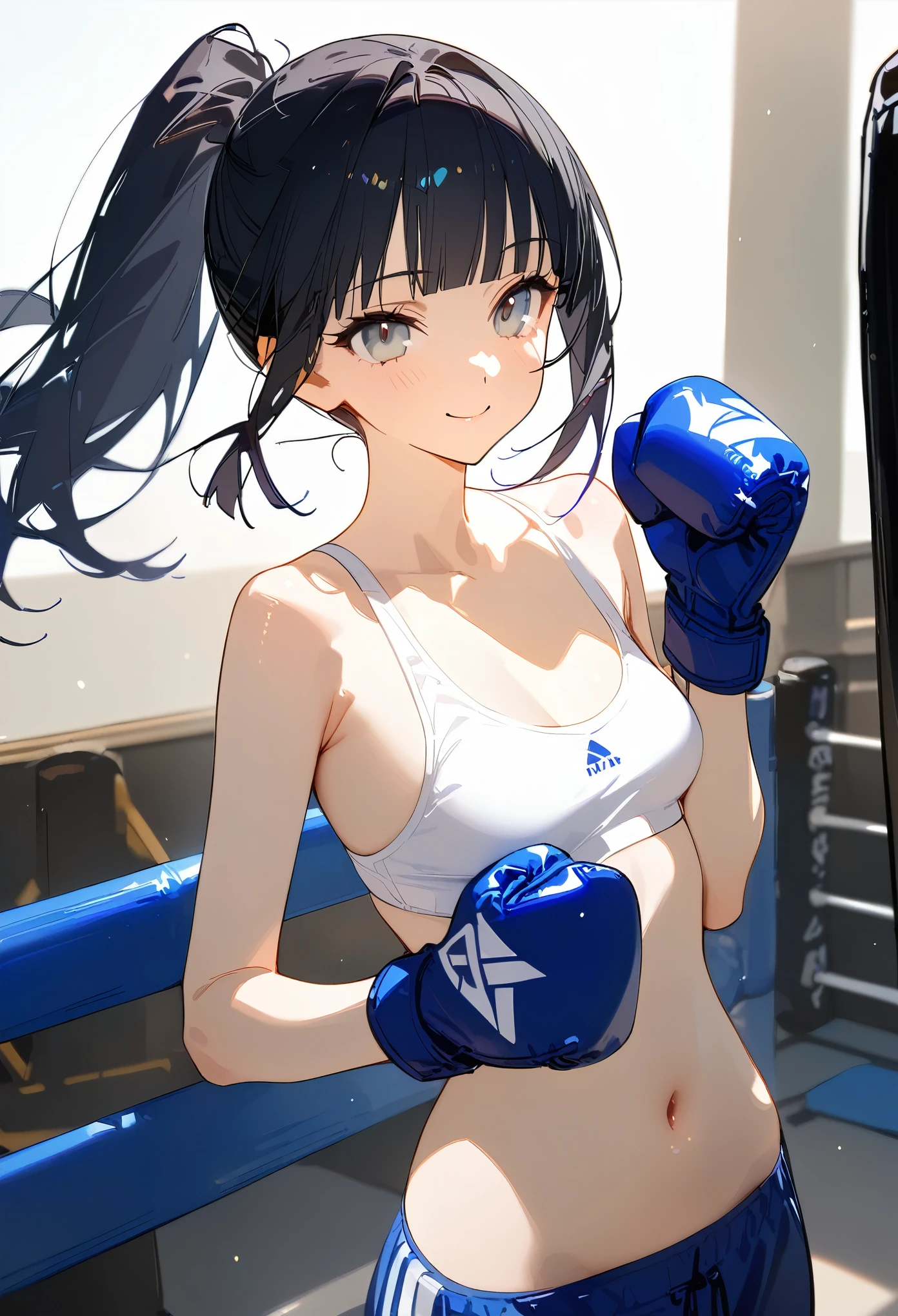 ((masterpiece,best quality anime:1.3,Best Quality)),cowboy shot,portrait,1woman,( adult),(ponytail),long straight hair,blunt bangs,black hair,((very small head:1.3)),gray eyes,gorgeous eyes,smile,small breasts,((very long body:1.3)),(White sports bra、navel、Navy blue boxer trunks、boxing blue gloves),slender body,skinny,gleaming skin,standing,boxing gym、