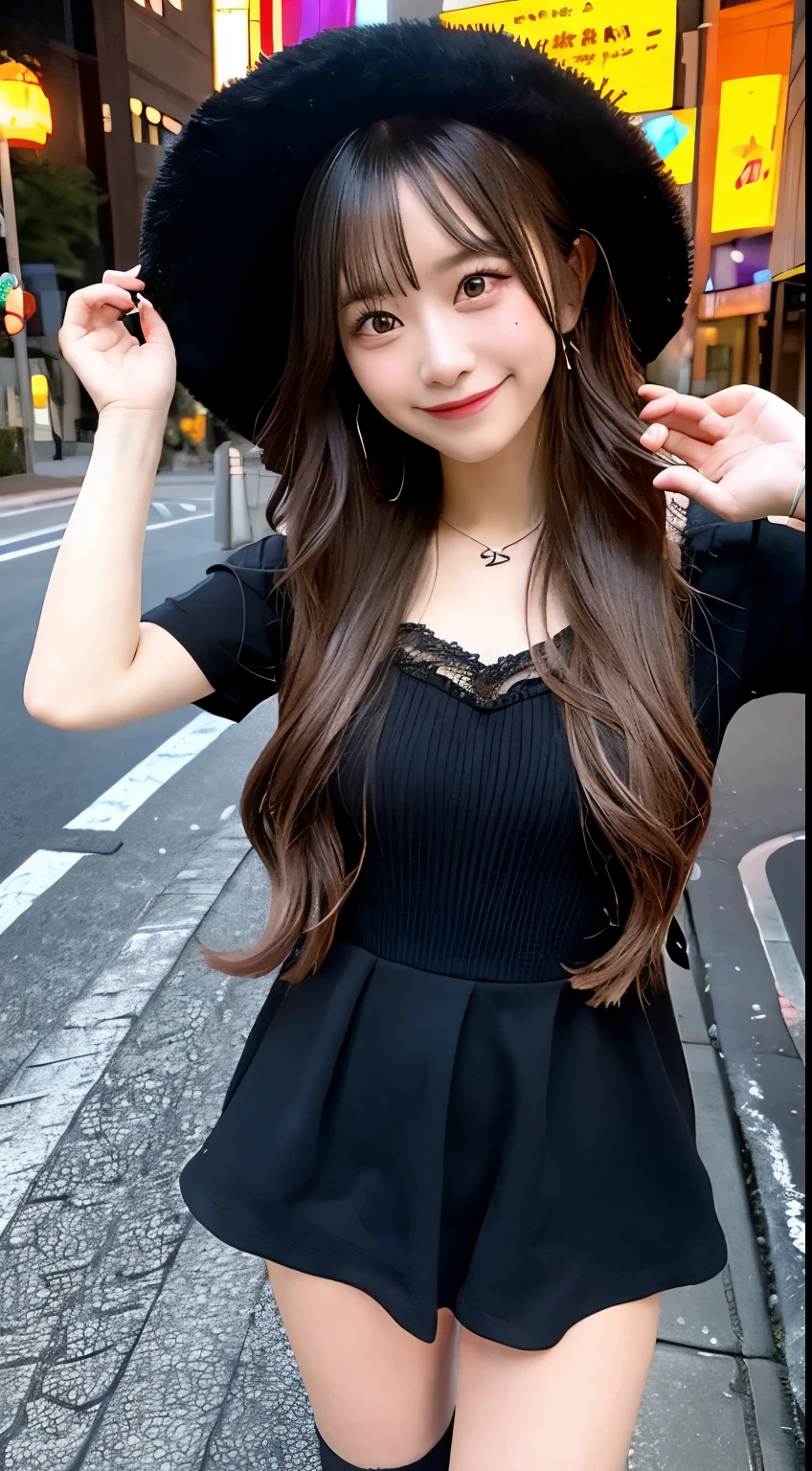 high quality, 最high quality, masterpiece, Very cute、beautifully、detailed, Professional photography, Proper Lighting,
Very beautiful girl, Beautiful Face, Face Tattoos,
Halloween Costumes, Black short dress, Black witch hat, Orange accessories,
smile, Laughter, Blushed, (thin, Pale skin,:0.8)
Very straight medium length hair（Single Blade）,
(Bokeh, Dynamic Angle, city, Running on the road, Midnight, Shibuya Ward,:0.8)