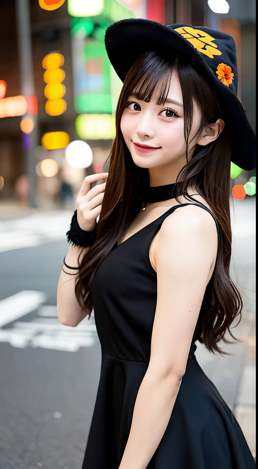 high quality, 最high quality, masterpiece, Very cute、beautifully、detailed, Professional photography, Proper Lighting,
Very beautiful girl, Beautiful Face, Face Tattoos,
Halloween Costumes, Black short dress, Black witch hat, Orange accessories,
smile, Laughter, Blushed, (thin, Pale skin,:0.8)
Very straight medium length hair（Single Blade）,
(Bokeh, Dynamic Angle, city, Running on the road, Midnight, Shibuya Ward,:0.8)