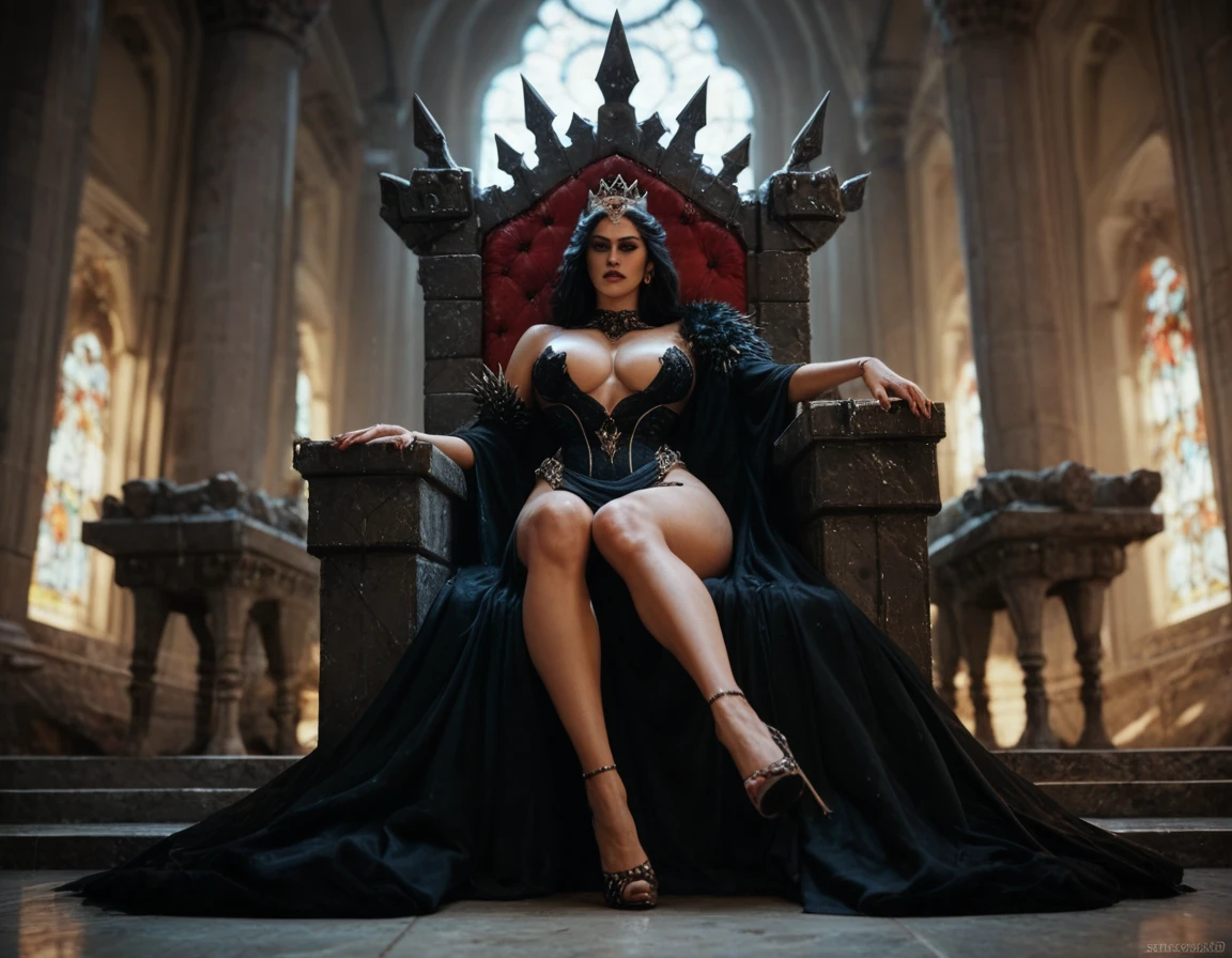 22 year old girl,fit body,armlet,armor,navel,pelvic_curtain,realistic,solo,one piece high bikini,black bra,transparent tulle, battle armor,high tech palace,sexual suggestiveness,heavy armor,background with skull devil,skull throne,sitting on throne
