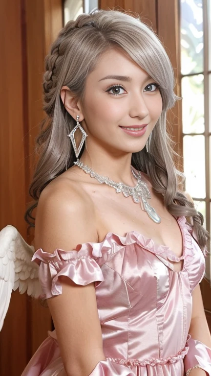 Masterpiece, Best Quality, Super Detailed, High Definition, HDR, Realistic, Depth, Fine Texture, Super Fine, Complete concentration, (very pretty girl), beautiful woman, female angel, Noble angel, (platinum hair, silver hair highlights, feathers hair), Slender high straight, long hair, dream world, Jade Emperor style, aqua eyes, light pink lipstick, long eyelashes, thick eyelashes, gemstone necklace, (Full details angel costume, wings sleeves, gems, angel dress with many frills, Drape clothes, bows, ruffles, ball gown, holographic hexagram wings, wings dress, decorated with feathers, full details (angel wings), earring, (soft light and shadow), beautiful detailed eyes, beautiful detailed lips, extremely detailed eyes and face, white and platinum colors scheme, Cold face and eyes, smiling in a confident, gentle smile, beautiful detailed glow, detailed, Cinematic light,vibrant colors, vivid colors, professional, ultra-detailed, intricate details, volumetric lighting, lens flare, particles, fantasy art, full body fantasy angle, A beautiful paradise like a fairy tale, Small and perky breasts, nsfw, Earrings, (((Trendy hairstyles)))