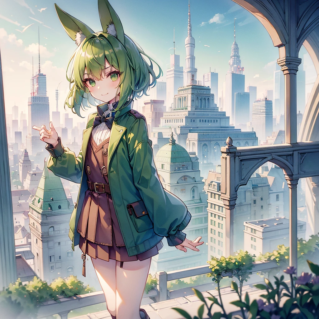 (long Green rabbit ears), green animal ears, (1 girl), green hair, green eyes, bob cut, thin eyebrows, smiling, young, alone, ****ta, childhood, child, short, overall, coat, long boots, red hood, wide pants, harness, fingerless globe, belt, waist pouch, in the city, tiny, baby face, pastel academia, cel anime, 