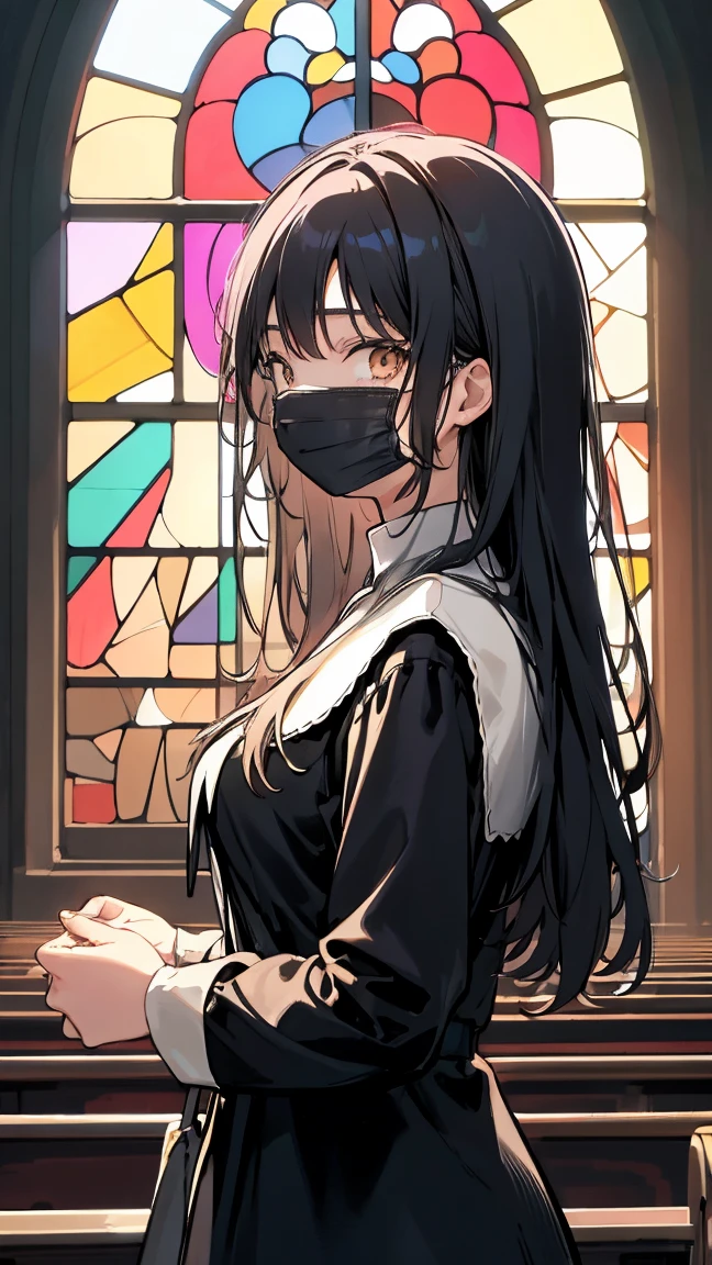 score_9, score_8_up, score_7_up, score_6_up, backlighting, light rays, 1girl, adult woman, best perfect anatomy, medium breast, thin, curve body, nun, mouth mask, white glove, long hair, black hair, messy hair, deep brown eyes, Pretty Face, expressionless, Constricted pupils, scared, looking at viewer, (background : stained glass, church, arch), cowboy shot, Shooting up close, Shooting from the person, Shooting from the side,