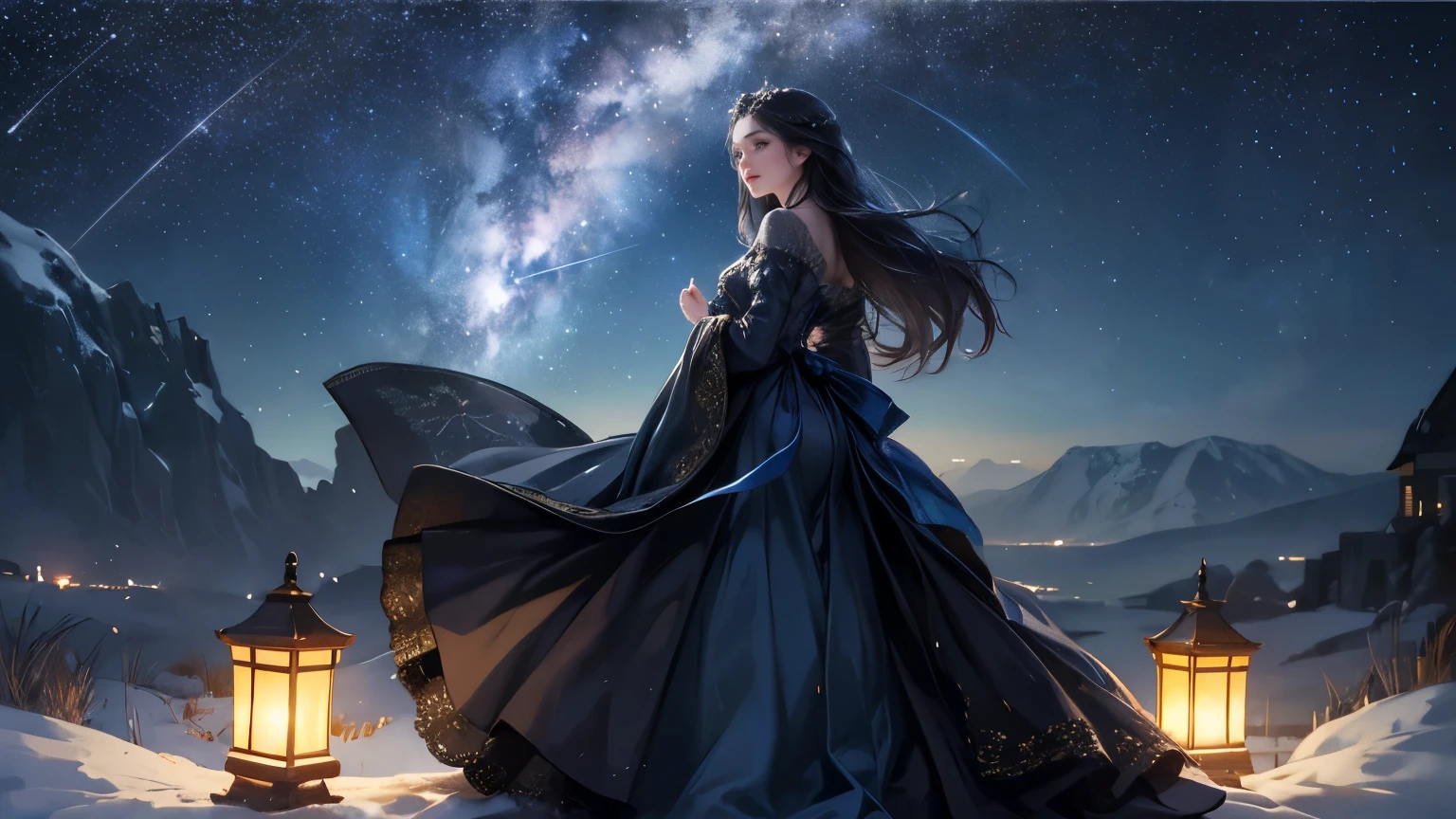 In the night sky, countless stars twinkle as if mocking her inner turmoil. The princess stands alone, gazing up at the stars, enveloped in a deep sense of loneliness. Her gown sways gently in the night breeze, and the cold light of the stars enhances her delicate beauty. The sorrow of her unreachable love lingers in the quiet night