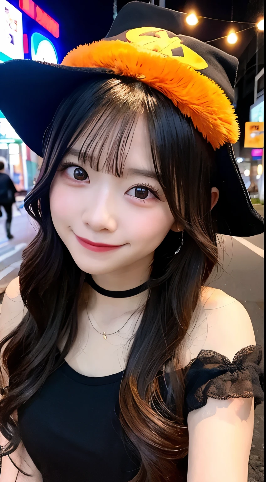 high quality, 最high quality, masterpiece, Very cute、beautifully、detailed, Professional photography, Proper Lighting,
Very beautiful girl, Beautiful Face, Face Tattoos,
Halloween Costumes, Black short dress, Black witch hat, Orange accessories,
smile, Laughter, Blushed, (thin, Pale skin,:0.8)
Very straight medium length hair（Single Blade）,
(Bokeh, Dynamic Angle, city, Running on the road, Midnight, Shibuya Ward,:0.8)