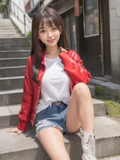 (8k),(high resolution),(high quality),whole body,(Shorts),(Platform boots),(smile),1 Girl、anime painting、Red eyes、Blue background,(Natural composition),,,,,,,,,,,