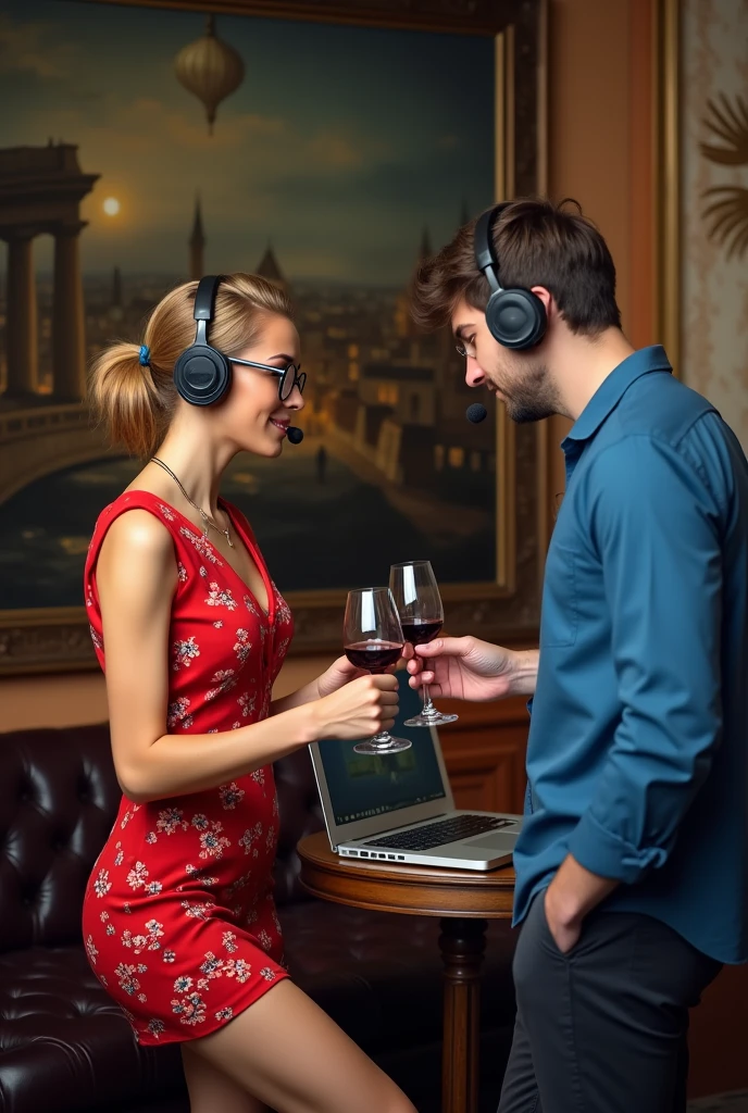The woman is wearing a short red dress with a flower print. Stylish hairstyle, fashionable glasses, headset on. A man in a blue shirt stands nearby with a headset on his head. Between a man and a woman there is a table with a laptop. A man hands a glass of wine to a woman. In the background on the wall is a painting depicting a city at night and a couple in love. Profile picture