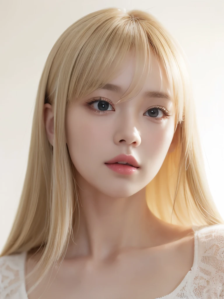 Dress、（Realism主义：1.4）、（ハインーRealism：1.4）（Realism：1.3）、（Smooth lighting：1.05）、（Improved movie lighting quality：0.9）、32K、1 girl、Very cute expression、A beautiful blonde girl、Realistic top lighting、Backlight、Face lighting、Extra Long Platinum Blonde Silky、美丽的Bangs、Bangs、Ray Tracing、（Bright Light：1.2）、（Quality Improvement：1.4）close up、t-shirt、（Enhance body lines：1.1）、（Enhances the beauty of skin texture：1.1）