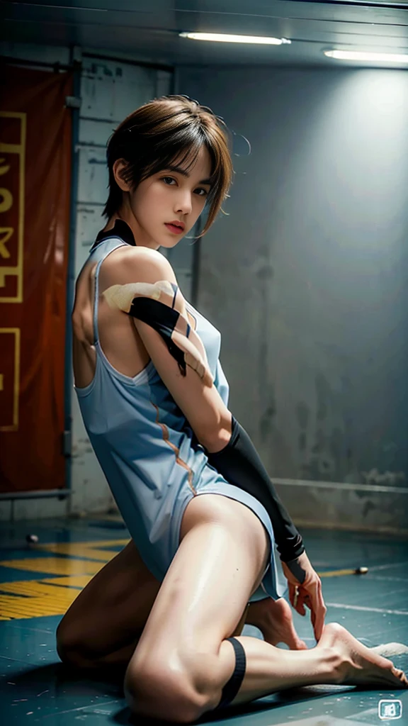 (Skin scars: 1.2), (Skin dents), Black eyes, 1 woman, 25 years old, ((((Female))), Solo, Realistic, Best Quality, Photorealistic, Masterpiece, 8K, High Resolution, Solo, Highly Detailed Face, (Professional Lighting, Bokeh), (Light Particles, Lens Flare, Luminous Particles: 0.6), (Dynamic Pose: 1.2), Soft Lighting, Angle View from Above Fashionable and trendy atmosphere, Japan, street, Tokyo, city, ((daytime)), sky, wire cable, (((viewer: 1)), (watching camera), (portrait: 0.6), cowboy shot, gorgeous, sitting with legs spread, maintaining original facial proportions, broad shoulders, full body, (small) chest), (medium hair), brown hair, floating hair, lips, lipstick, seductive smile, floating hair, smile, open mouth, teeth, (white blouse), (jumper skirt), eyelashes, ((Asuka Kazama, with the soles of both feet on the floor and legs open to the left and right to show the viewer the crotch)))),((((Front angle))))