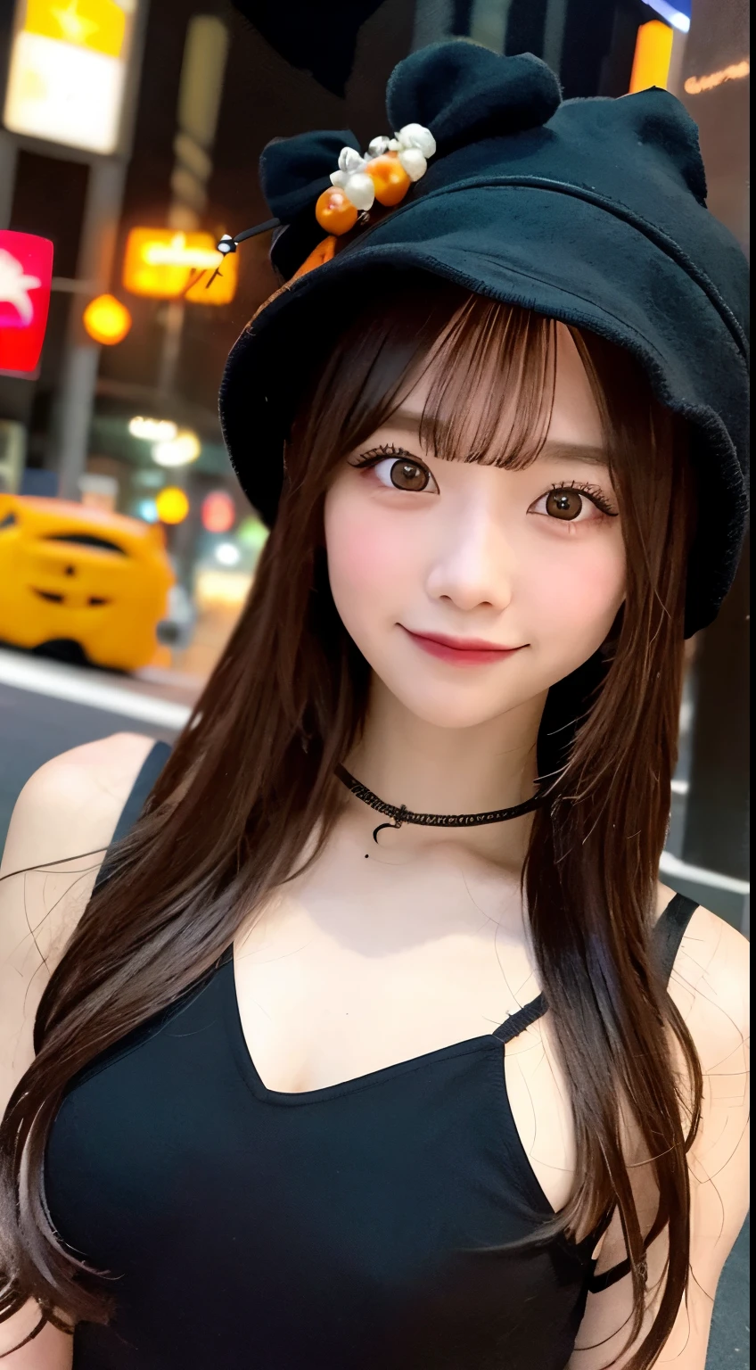 high quality, 最high quality, masterpiece, Very cute、beautifully、detailed, Professional photography, Proper Lighting,
Very beautiful girl, Beautiful Face, Face Tattoos,
Halloween Costumes, Black short dress, Black witch hat, Orange accessories,
smile, Laughter, Blushed, (thin, Pale skin,:0.8)
Very straight medium length hair（Single Blade）,
(Bokeh, Dynamic Angle, city, Running on the road, Midnight, Shibuya Ward,:0.8)