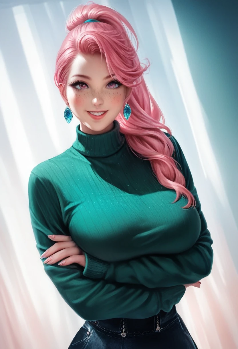 source_anime, score_9, score_8_up, score_7_up, score_6_up, 1girl, breasts, crossed arms, earrings, fingernails, freckles, green shirt, jewelry, large breasts, long sleeves, pink eyes, pink hair, ponytail, shirt, standing, sweater, turtleneck, turtleneck sweater, intricate designs, sly smile, alluring charm, high resolution, high quality, super detailed, sharp focus, ultra realistic, perfect lighting, perfect colors, perfect perspective, balanced composition, award-winning photographer, photo-realistic, ultra realistic
