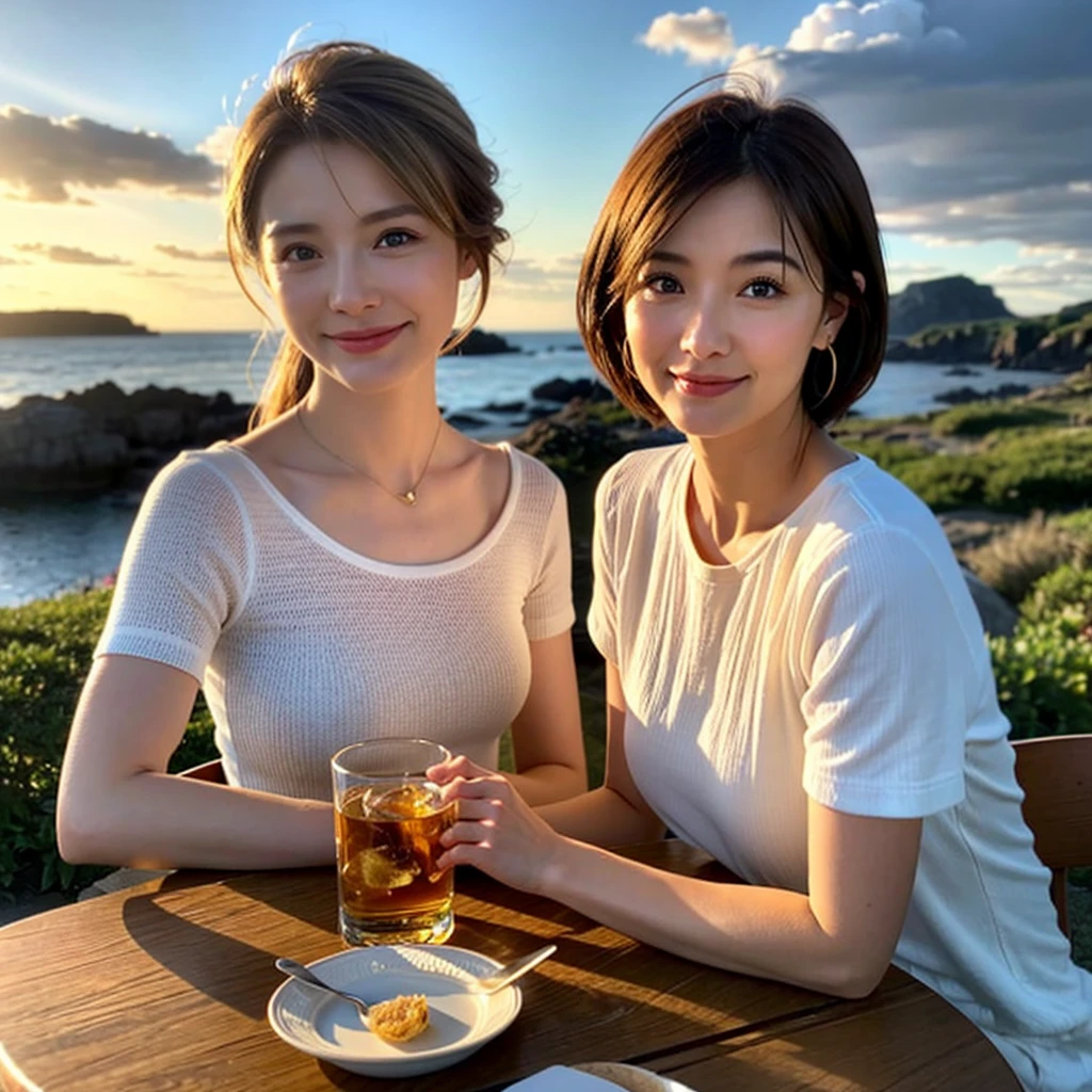 (Realistic:1.1),(masterpiece,Highest quality),8k,(40 years old), 42 years old, slimカップル、Model Couple、actress/actor、Tight waist,Upper Body,full-course dinner、wine 、Amazing view of the sunset sky and clouds、Perfect Anatomy, Brown Hair, short hair,Random Hairstyles,((Highly detailed face and eyes:1.2))(cute顔:1.4),美しいactressの顔,Perfect golden ratio face,Long sleeve shirt、dress,(smile:1.2)、Shortcuts、cute、(Realistic, Intricate details:1.2), A bright smile、short hair,Bright Face、赤wine 、Appetizers、Italian food、wine bottle、Champagne、スパークリングwine、(slimな顔), (The body is slim), (Brown Hair), (Shortcuts), Upper Body, 白wine, slim, wineグラス,