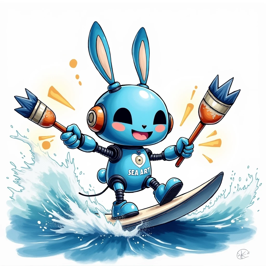 Ink Wash Painting style，A cute blue and white rabbit robot holding painting tools as weapons，Smiley Face，Surfboard，Surfing，Waves，Dynamic，There are words on the bodySeaArt