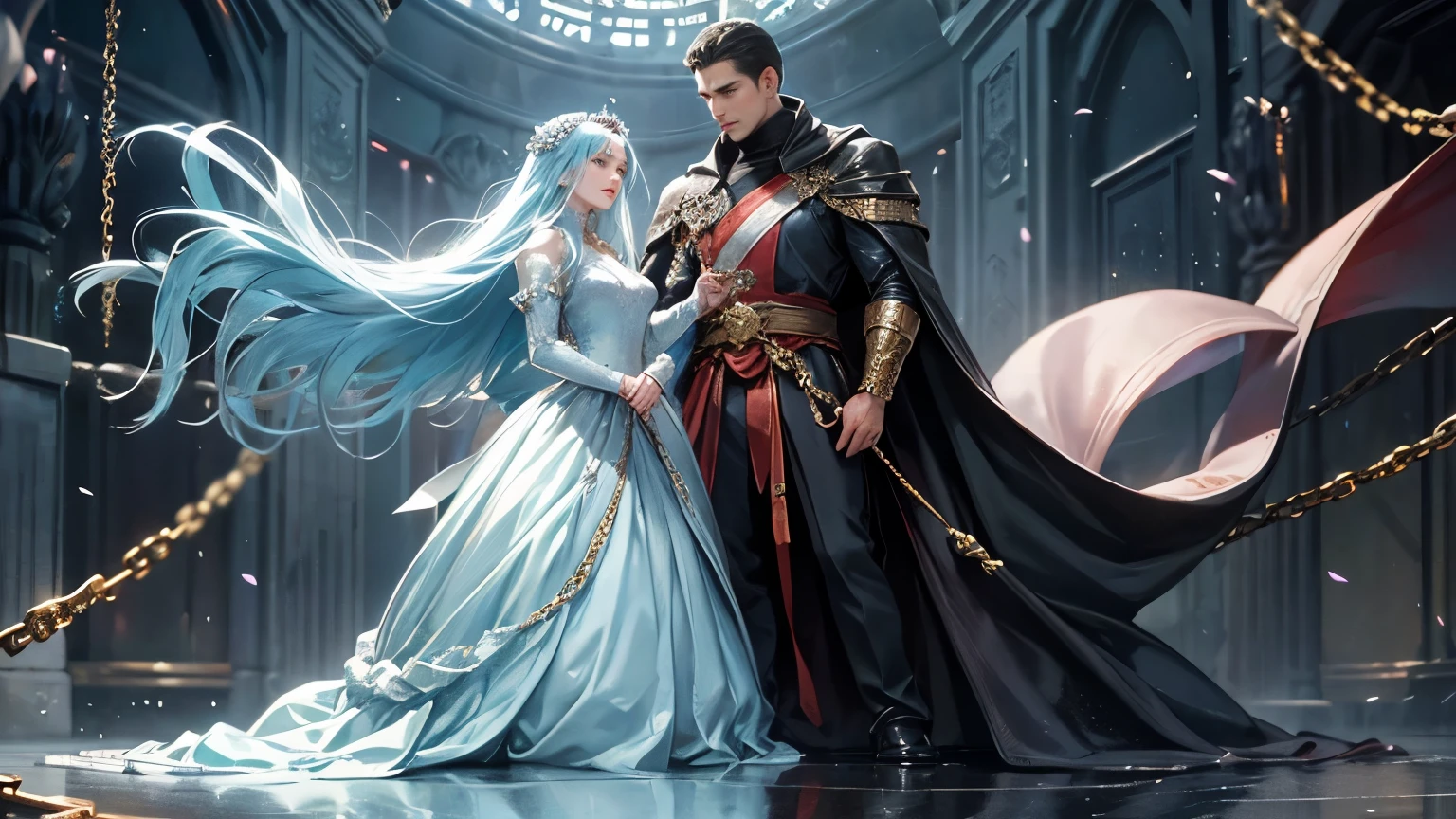 The princess is determined to choose him, even if it means defying fate. Her longing to touch his hand is reflected in her intense gaze and expression. In the background, dark chains of fate encircle her, yet her unwavering stance symbolizes her will to pursue her love, even if the world stands against her