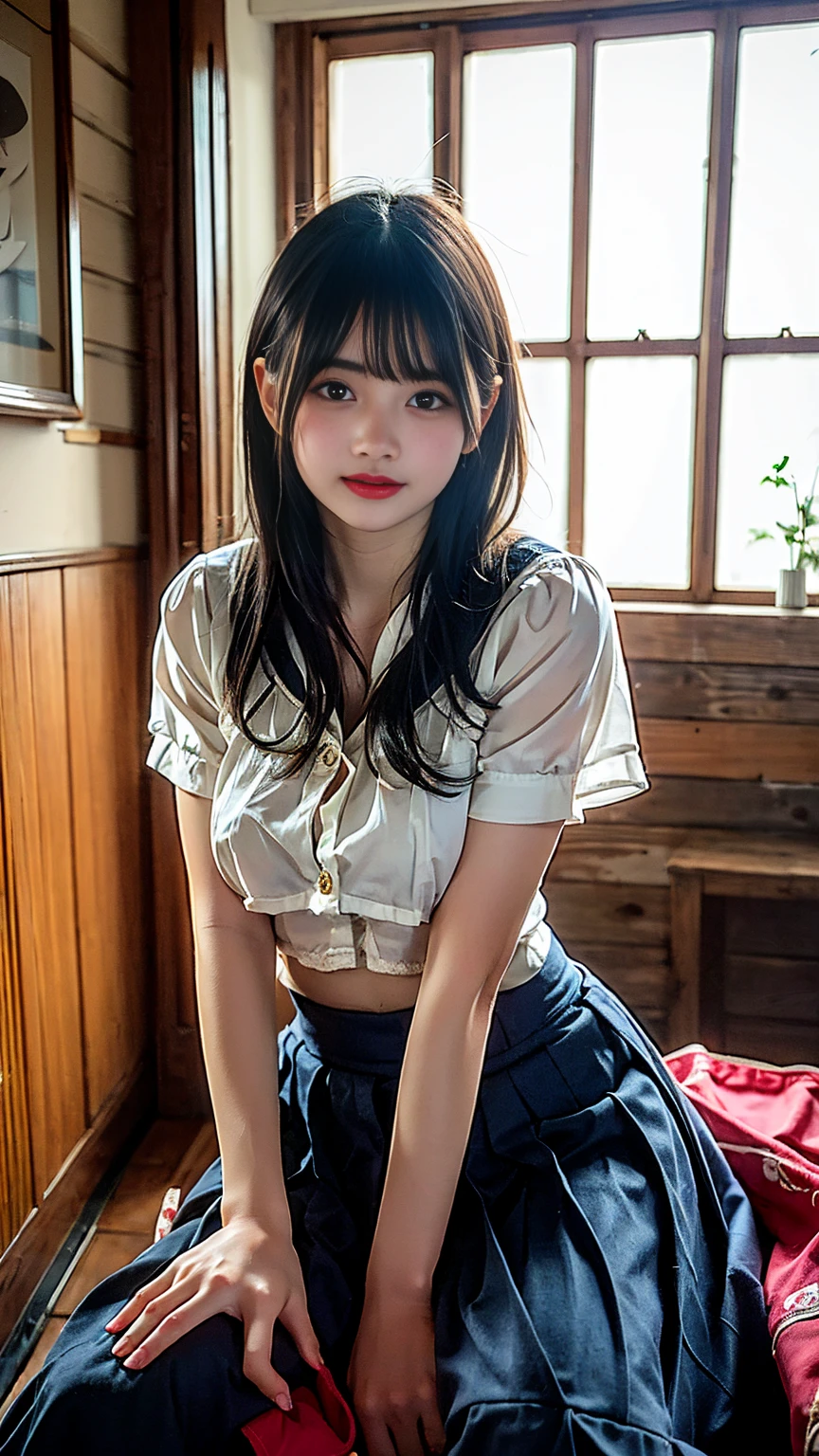 (masterpiece, Highest quality:1.2), (Realistic, photoRealistic:1.4), High resolution, RAW Photos, 8k, Very detailed, 超High resolution, Cinema Lighting, Written boundary depth, (Portraiture), View your audience, (((Front view, From below))), alone, One Girl, high school girl, Japanese Idols, Fine skin, Pale skin, Black Hair, short hair, Bob Hair,
Long eyelashes, Flat Chest, Slender body, thin, 
Detailed face, fine grain, Release your lips, 
((High quality fabric, knit cardigan, Short sleeve collared shirt, Pleated mini skirt, Micro Mini Skirt, bow tie)), 
(((Thighs, Thighs丈,Pussy))),
(Stand in the classroom), (Beautiful upskirt view), Daytime,