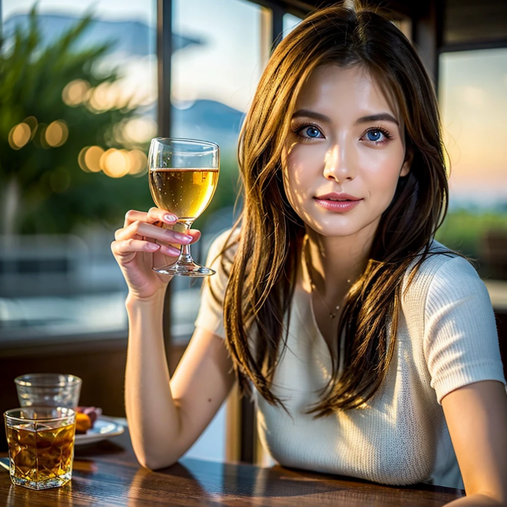 ((Highest quality、8K、masterpiece:1.3))、slimカップル、modelカップル、(Realistic, Intricate details:1.2), full-course dinner、Wine Party、Amazing view of the sunset sky and clouds、A bright smile、The wonderfulness of smile、Bright image、The beauty of wine, Beautiful Face, blue eyes, The light shines on your face, Blushing, short hair,Bright Face、 (Age 37), 39 years old, red wine 、Appetizers、Italian food、Wine bottle、Champagne、sparkling wine、Two beauties、Brown Hair、Shortcuts、Long sleeve shirt、dress、Beautiful woman 1, (slimな顔), (The body is slim), (Brown Hair), (Shortcuts), cheeks turn a little red,Attractive beauty、restaurant, In a prominent place (From the waist up) Nova Frog Style, actress, model, Upper Body, White wine, slim, wine glass, 中央に置かれたwine glass, smile, (smile: 1.15), Beautiful fine grain, Depth f/2,saturation, High Contrast, Strong light and shadow,Moist Body:1.5、3D texture、Delicate eyes、Brown Hair、The hair is very shiny、