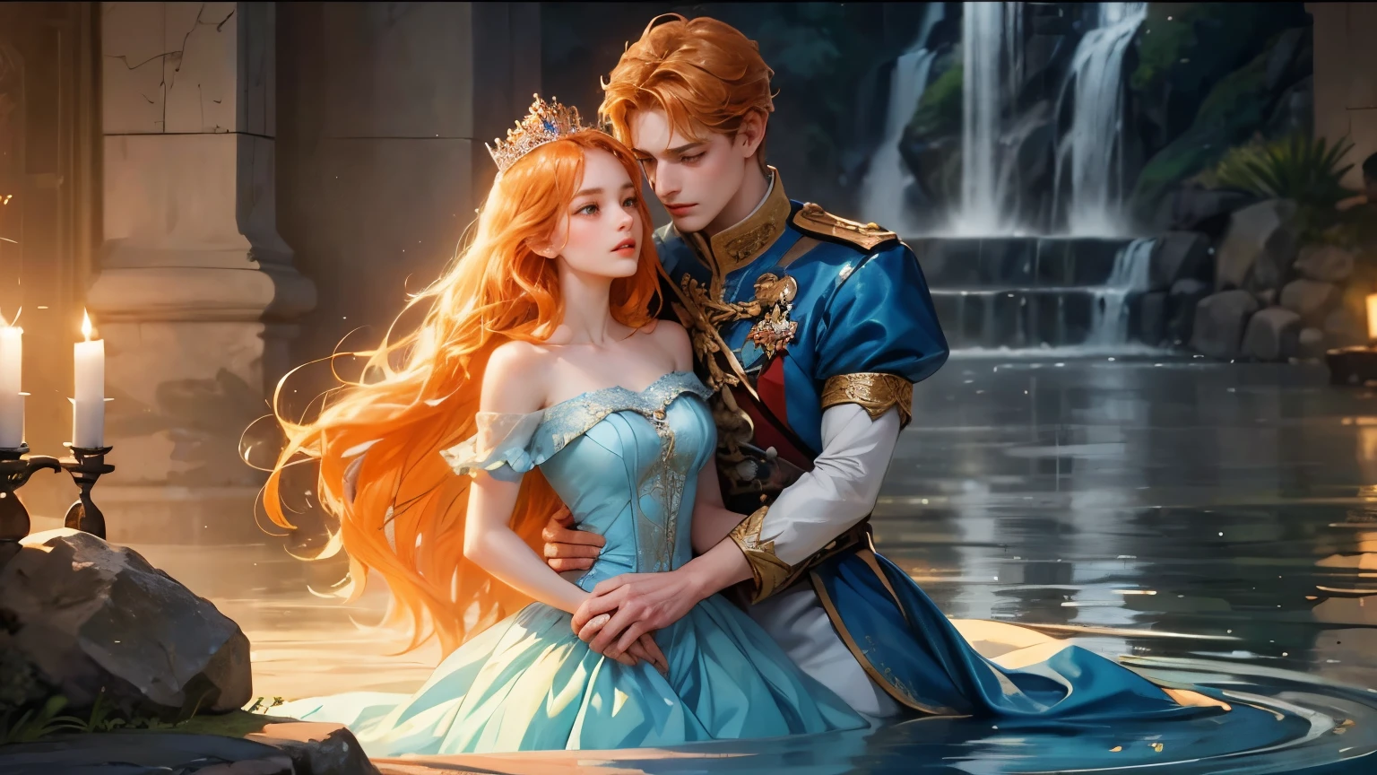 In the beautiful water kingdom, the princess and the prince lock eyes for a brief moment. The prince's expression is cold, but hidden kindness flickers deep within his gaze. Their reflections ripple gently in the water, hinting at the beginning of a forbidden love. The princess's heart overflows with powerful emotions, as if time itself has stopped,Orange Hair, Blue :is, Orange Dress,