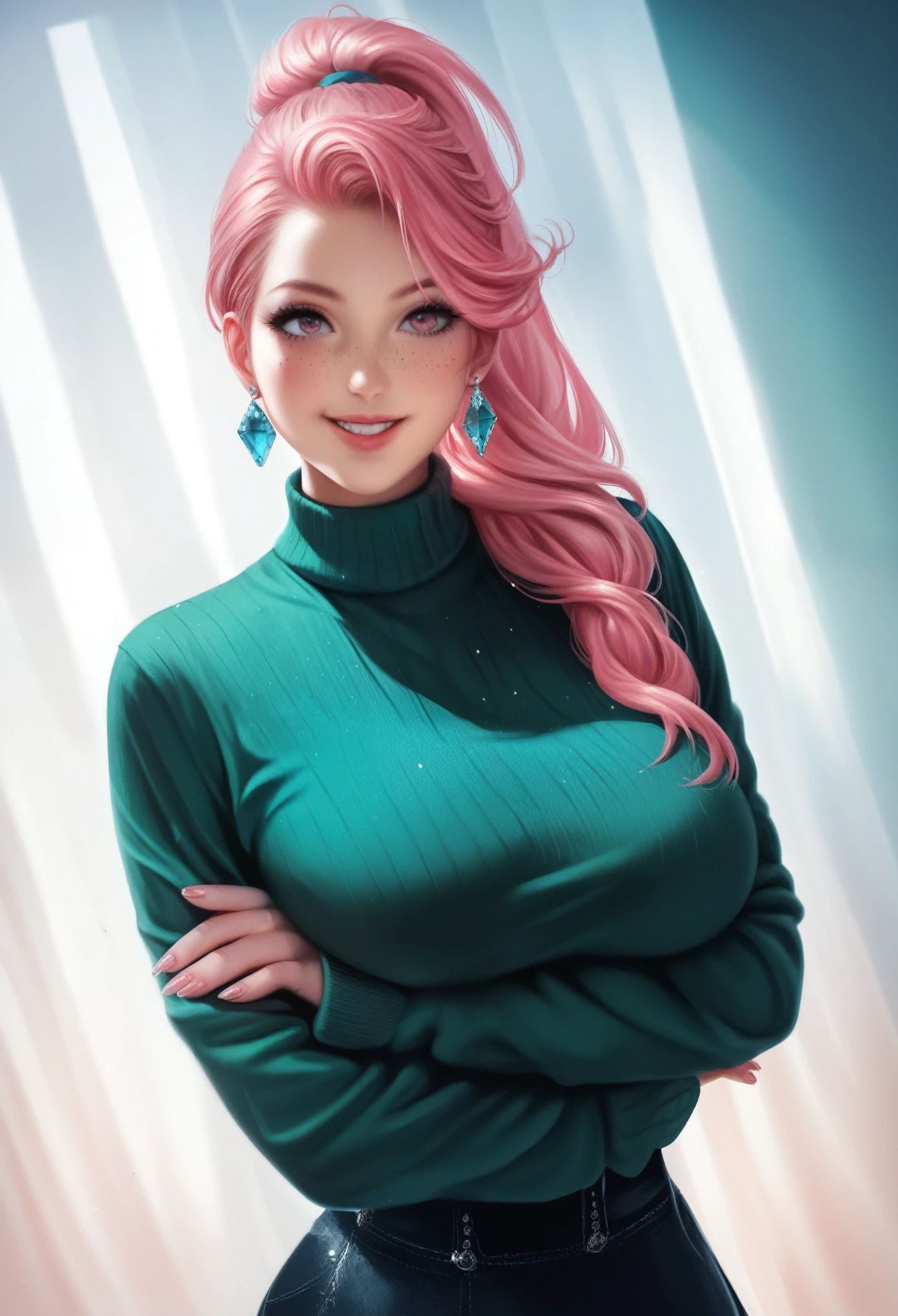 source_anime, score_9, score_8_up, score_7_up, score_6_up, 1girl, breasts, crossed arms, earrings, fingernails, freckles, green shirt, jewelry, large breasts, long sleeves, pink eyes, pink hair, ponytail, shirt, standing, sweater, turtleneck, turtleneck sweater, intricate designs, sly smile, alluring charm, high resolution, high quality, super detailed, sharp focus, ultra realistic, perfect lighting, perfect colors, perfect perspective, balanced composition, award-winning photographer, photo-realistic, ultra realistic
