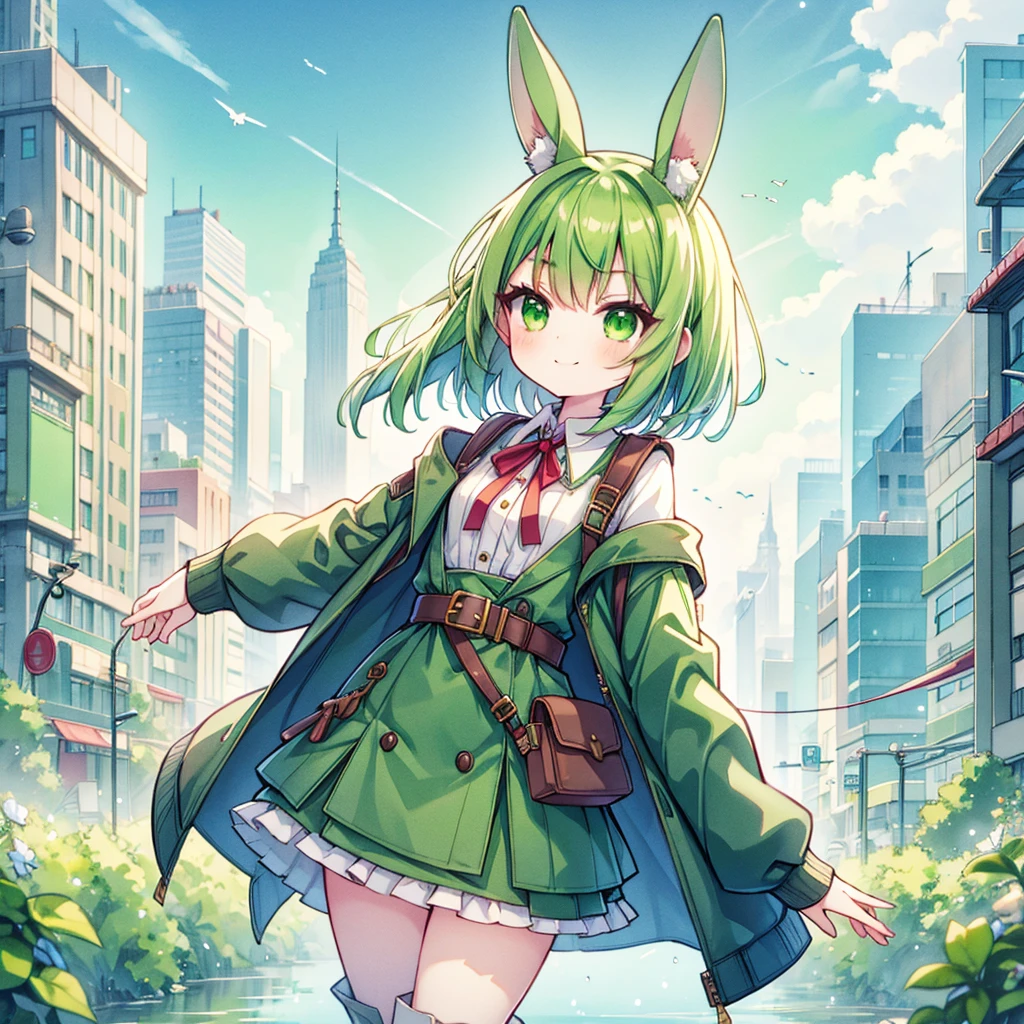 (long Green rabbit ears), green animal ears, (1 girl), green hair, green eyes, bob cut, thin eyebrows, smiling, young, alone, ****ta, childhood, child, short, overall, coat, long boots, red hood, wide pants, harness, fingerless globe, belt, waist pouch, in the city, tiny, baby face, pastel academia, cel anime, Solo